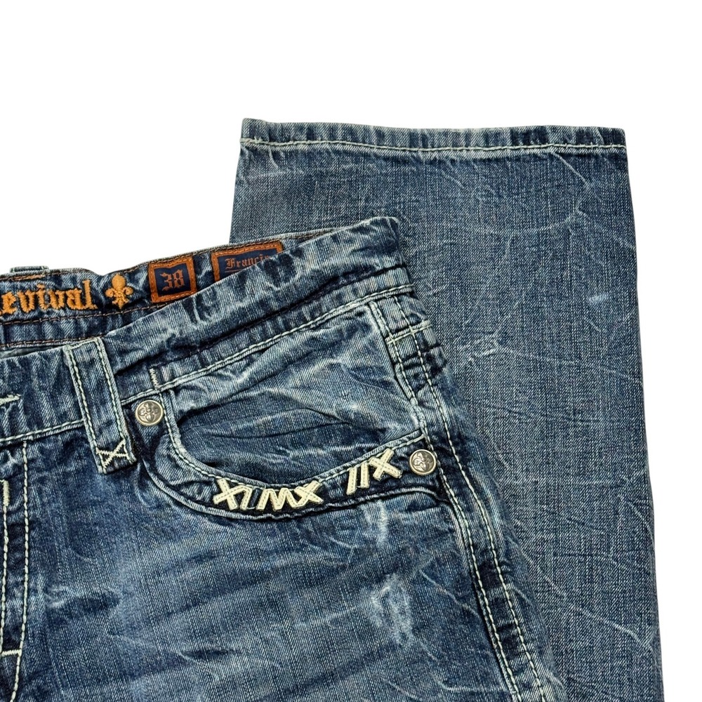 Rock Revival Francis Straight Distressed Blue Jeans Men 38 x 33 Embroidered Y2K - Picture 13 of 16